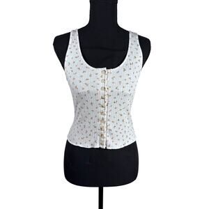 Billabong Womens XS White Floral Ribbed Button Front Crop Tank Top Y2K